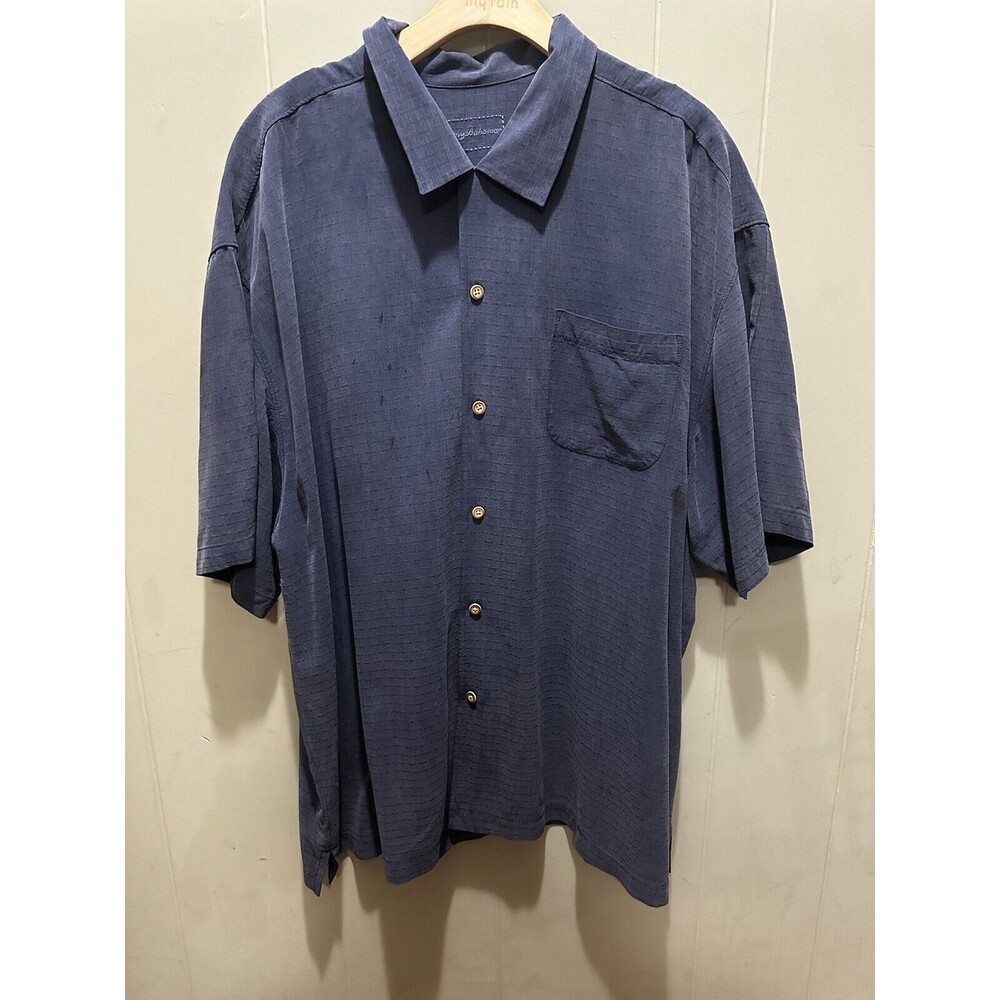 Tommy Bahama Dark Blue Hawaiian Embroidered Silk Shirt Mens XXL 1 Min Workout